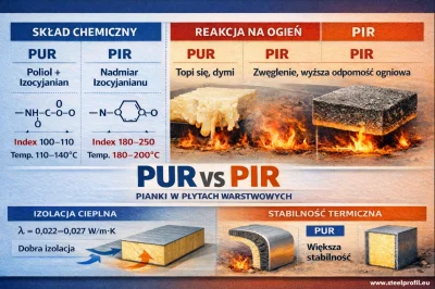 Grafika przedstawia różnicę piany PUR vs PIR poliuretan vs poliizocyjanuran stosowanego w płytach warstwowych i płytach izolacyjnych